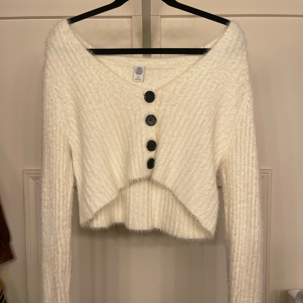 White with Black Button Up Urban Outfitters Fuzzy Cropped Cardigan Sweater